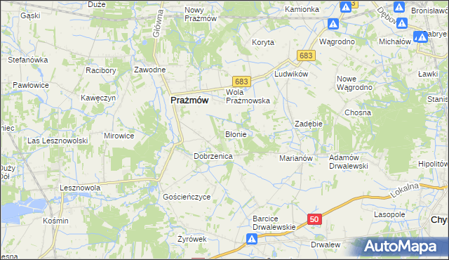 mapa Błonie gmina Prażmów, Błonie gmina Prażmów na mapie Targeo