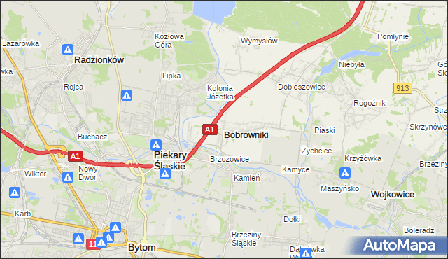 mapa Bobrowniki powiat będziński, Bobrowniki powiat będziński na mapie Targeo