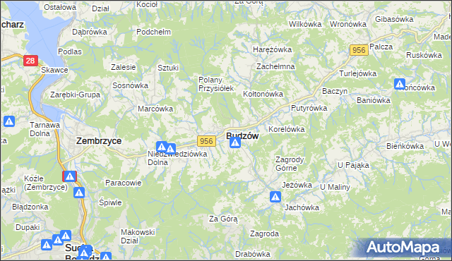 mapa Budzów powiat suski, Budzów powiat suski na mapie Targeo