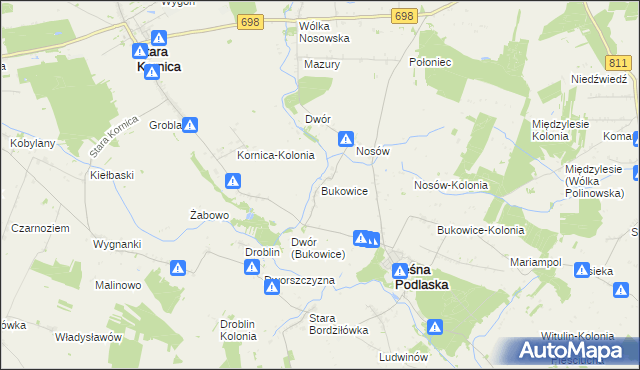 mapa Bukowice gmina Leśna Podlaska, Bukowice gmina Leśna Podlaska na mapie Targeo