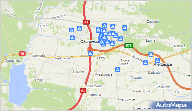 mapa Celiny gmina Ożarowice, Celiny gmina Ożarowice na mapie Targeo