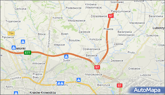 mapa Dziekanowice gmina Zielonki, Dziekanowice gmina Zielonki na mapie Targeo