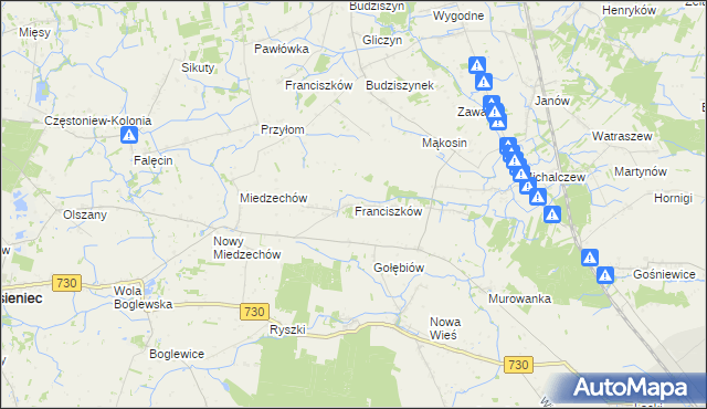 mapa Franciszków gmina Jasieniec, Franciszków gmina Jasieniec na mapie Targeo