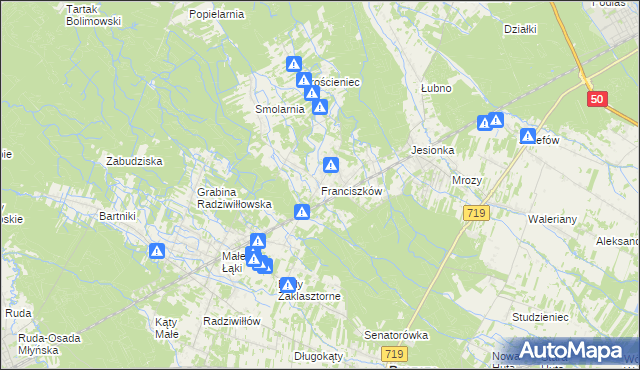 mapa Franciszków gmina Wiskitki, Franciszków gmina Wiskitki na mapie Targeo