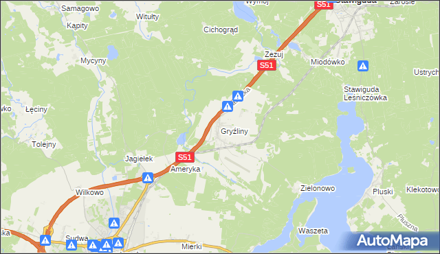 mapa Gryźliny gmina Stawiguda, Gryźliny gmina Stawiguda na mapie Targeo