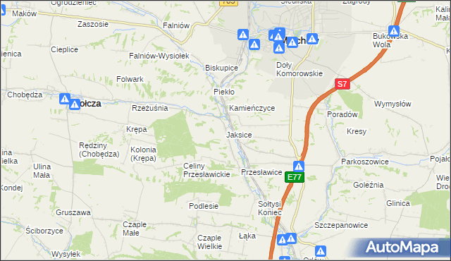 mapa Jaksice gmina Miechów, Jaksice gmina Miechów na mapie Targeo