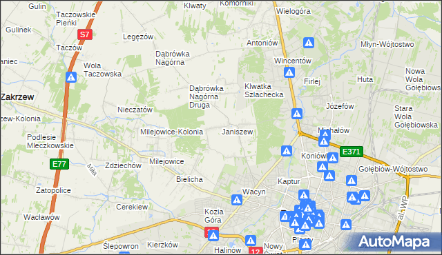 mapa Janiszew gmina Zakrzew, Janiszew gmina Zakrzew na mapie Targeo