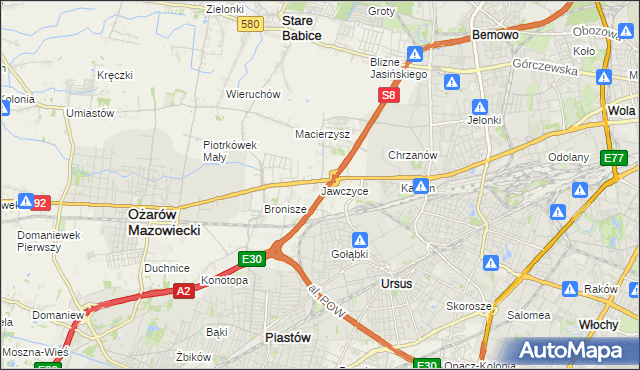 mapa Jawczyce gmina Ożarów Mazowiecki, Jawczyce gmina Ożarów Mazowiecki na mapie Targeo