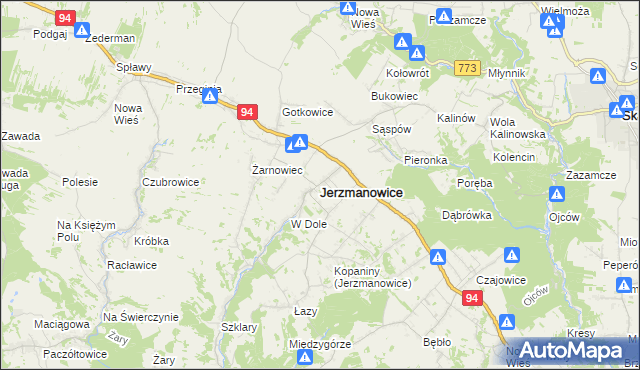 mapa Jerzmanowice gmina Jerzmanowice-Przeginia, Jerzmanowice gmina Jerzmanowice-Przeginia na mapie Targeo