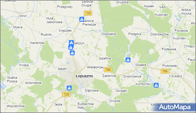 mapa Józefina gmina Łopuszno, Józefina gmina Łopuszno na mapie Targeo