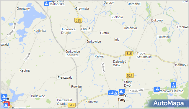 mapa Kalwa gmina Stary Targ, Kalwa gmina Stary Targ na mapie Targeo