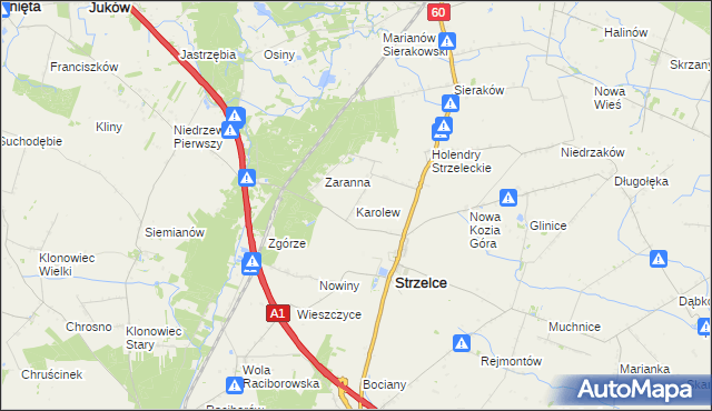 mapa Karolew gmina Strzelce, Karolew gmina Strzelce na mapie Targeo