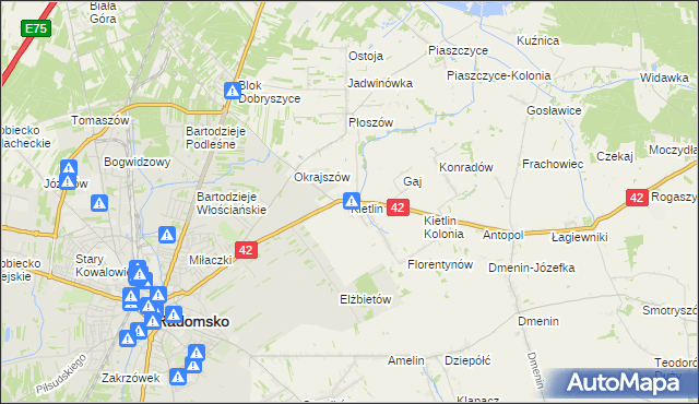 mapa Kietlin gmina Radomsko, Kietlin gmina Radomsko na mapie Targeo