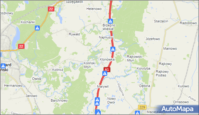 mapa Klonówka gmina Starogard Gdański, Klonówka gmina Starogard Gdański na mapie Targeo