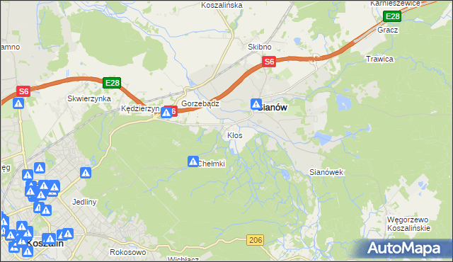 mapa Kłos gmina Sianów, Kłos gmina Sianów na mapie Targeo