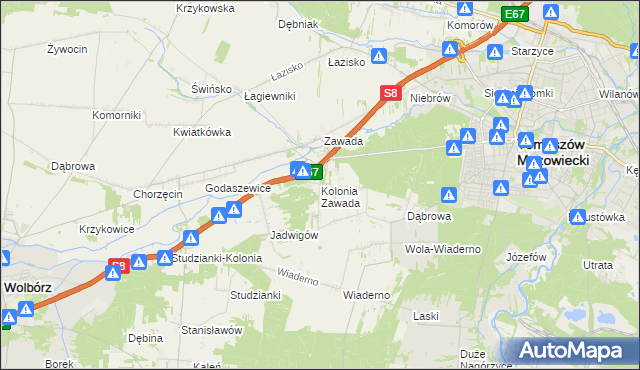 mapa Kolonia Zawada gmina Tomaszów Mazowiecki, Kolonia Zawada gmina Tomaszów Mazowiecki na mapie Targeo
