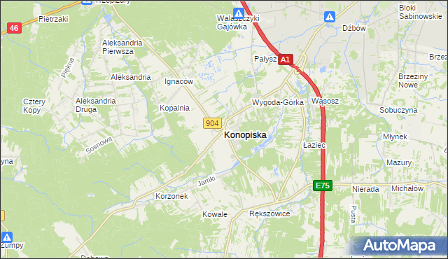 mapa Konopiska powiat częstochowski, Konopiska powiat częstochowski na mapie Targeo