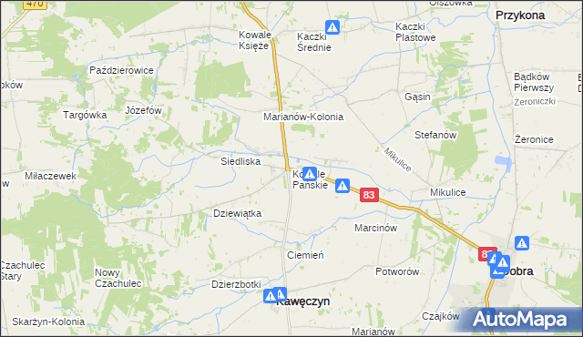 mapa Kowale Pańskie, Kowale Pańskie na mapie Targeo
