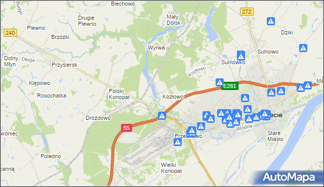 mapa Kozłowo gmina Świecie, Kozłowo gmina Świecie na mapie Targeo