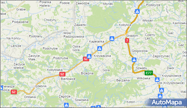 mapa Krzywaczka, Krzywaczka na mapie Targeo