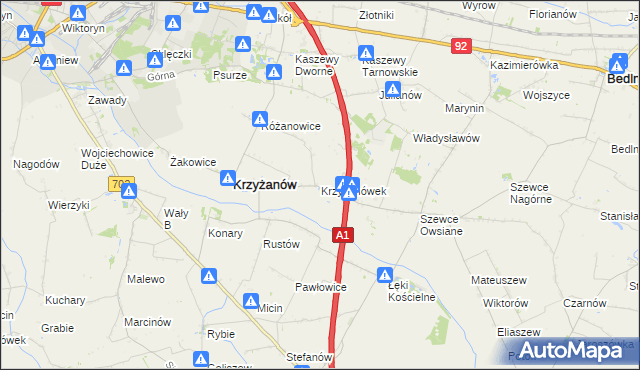 mapa Krzyżanówek, Krzyżanówek na mapie Targeo