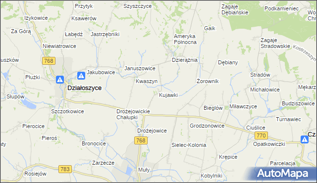 mapa Kujawki gmina Działoszyce, Kujawki gmina Działoszyce na mapie Targeo