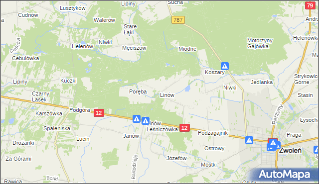 mapa Linów gmina Zwoleń, Linów gmina Zwoleń na mapie Targeo