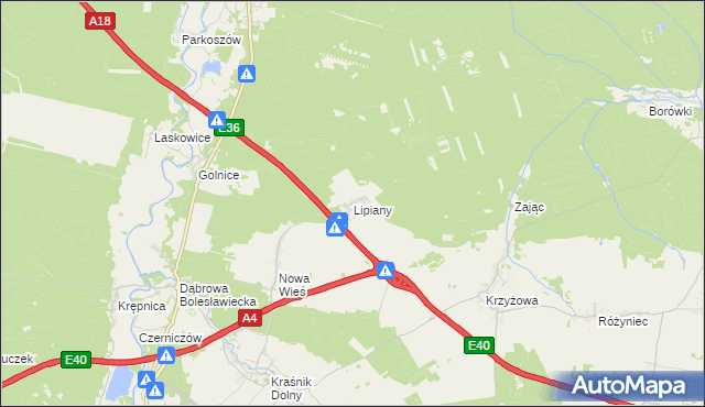 mapa Lipiany gmina Bolesławiec, Lipiany gmina Bolesławiec na mapie Targeo