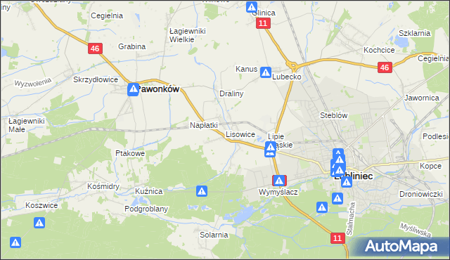 mapa Lisowice gmina Pawonków, Lisowice gmina Pawonków na mapie Targeo