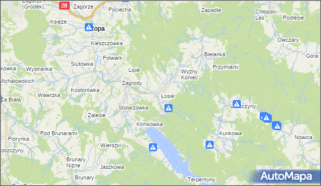 mapa Łosie gmina Ropa, Łosie gmina Ropa na mapie Targeo