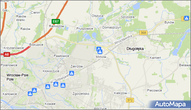 mapa Mirków gmina Długołęka, Mirków gmina Długołęka na mapie Targeo