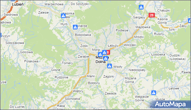 mapa Mszana Dolna, Mszana Dolna na mapie Targeo