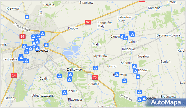 mapa Mysłaków gmina Nieborów, Mysłaków gmina Nieborów na mapie Targeo