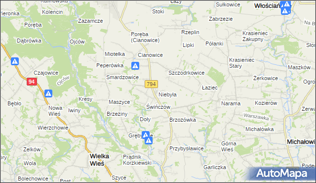 mapa Niebyła gmina Skała, Niebyła gmina Skała na mapie Targeo