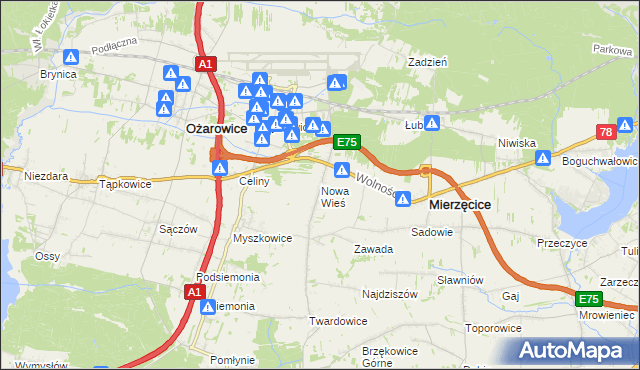 mapa Nowa Wieś gmina Mierzęcice, Nowa Wieś gmina Mierzęcice na mapie Targeo