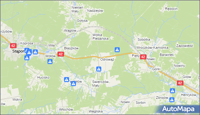 mapa Odrowąż gmina Stąporków, Odrowąż gmina Stąporków na mapie Targeo