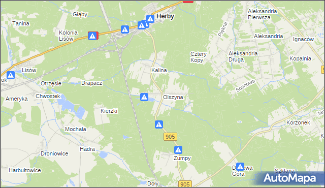 mapa Olszyna gmina Herby, Olszyna gmina Herby na mapie Targeo