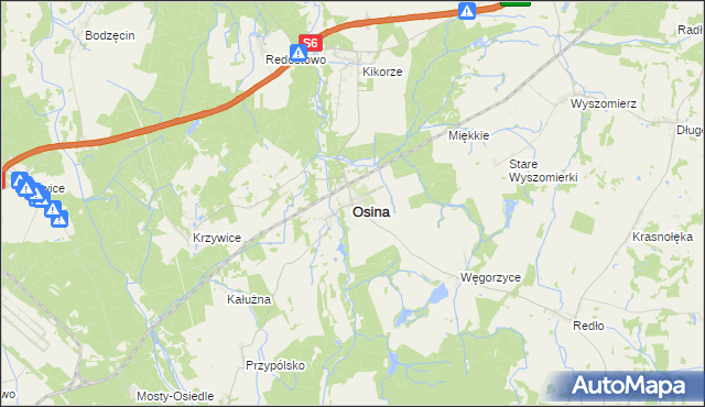 mapa Osina powiat goleniowski, Osina powiat goleniowski na mapie Targeo