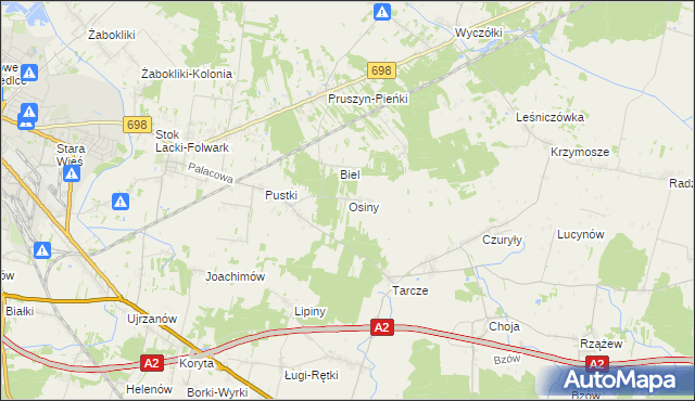 mapa Osiny gmina Siedlce, Osiny gmina Siedlce na mapie Targeo