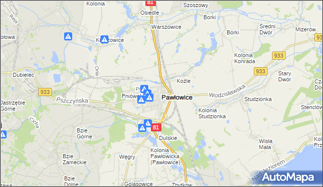 mapa Pawłowice powiat pszczyński, Pawłowice powiat pszczyński na mapie Targeo