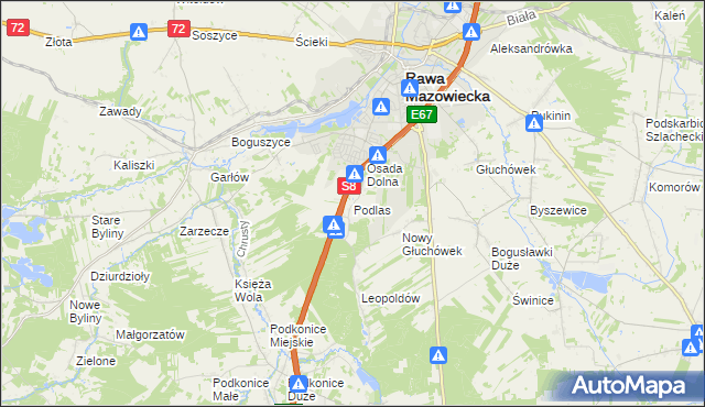 mapa Podlas gmina Rawa Mazowiecka, Podlas gmina Rawa Mazowiecka na mapie Targeo