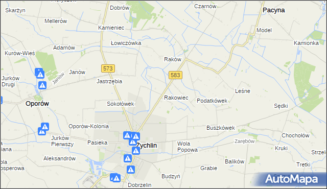 mapa Rakowiec gmina Pacyna, Rakowiec gmina Pacyna na mapie Targeo