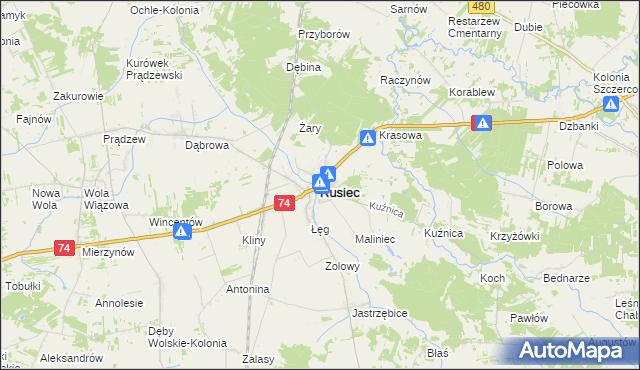 mapa Rusiec powiat bełchatowski, Rusiec powiat bełchatowski na mapie Targeo