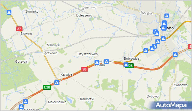 mapa Rzyszczewo gmina Sławno, Rzyszczewo gmina Sławno na mapie Targeo