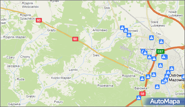 mapa Sielc gmina Ostrów Mazowiecka, Sielc gmina Ostrów Mazowiecka na mapie Targeo