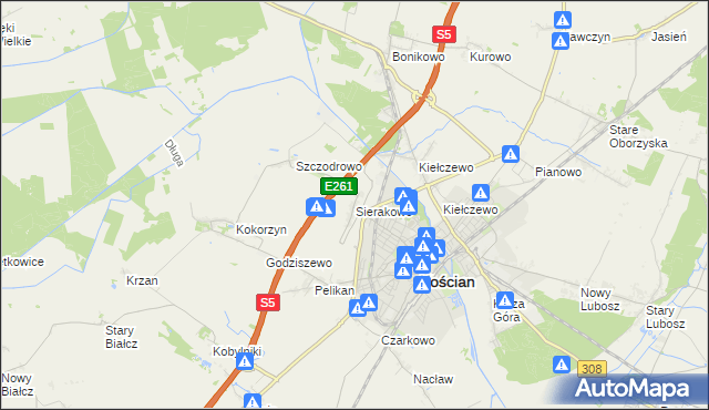 mapa Sierakowo gmina Kościan, Sierakowo gmina Kościan na mapie Targeo