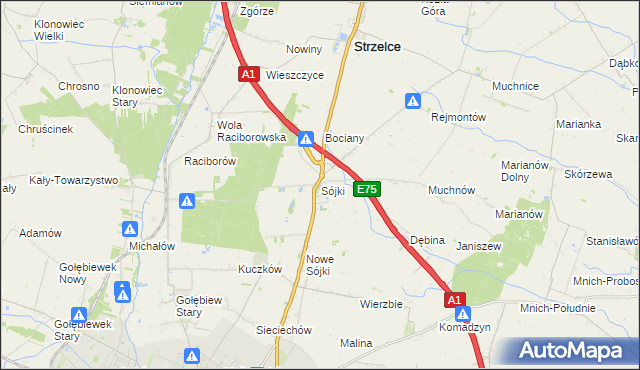 mapa Sójki gmina Strzelce, Sójki gmina Strzelce na mapie Targeo