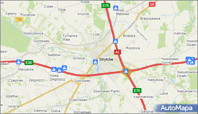 mapa Stryków powiat zgierski, Stryków powiat zgierski na mapie Targeo