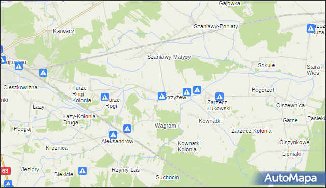 mapa Strzyżew gmina Łuków, Strzyżew gmina Łuków na mapie Targeo