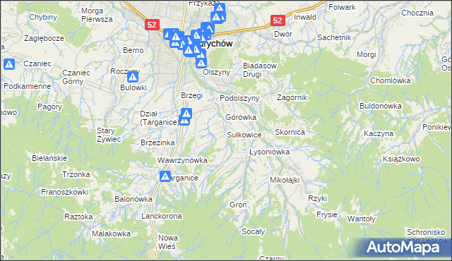 mapa Sułkowice gmina Andrychów, Sułkowice gmina Andrychów na mapie Targeo